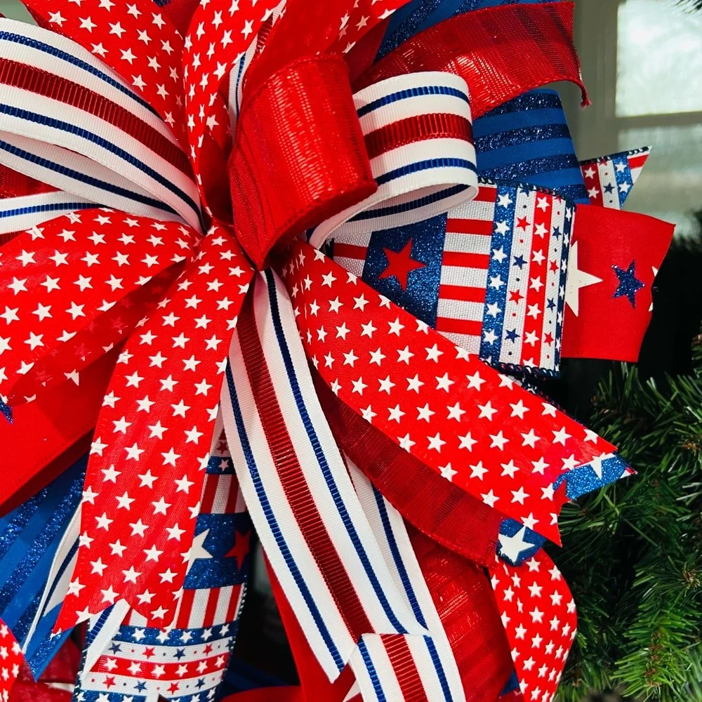 XL Patriotic Red, Navy & White Ribbon Bow Wreath Accent Handmade